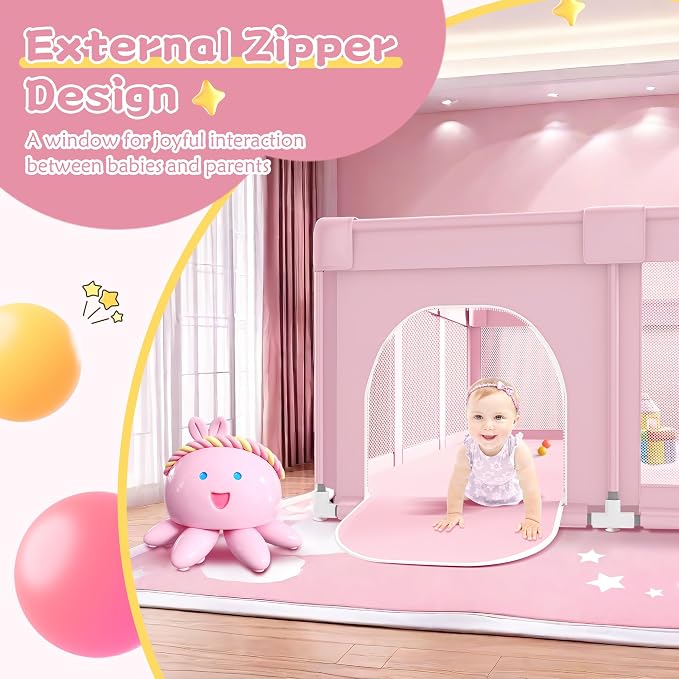Pink Large Baby Playpen, Playpen 74x50 for Girl, Large Baby Play Yards Indoor & Outdoor, Sturdy Safety Girls Play Pen with Soft Breathable Mesh, Toddlers Activity Center with Anti-Slip Base