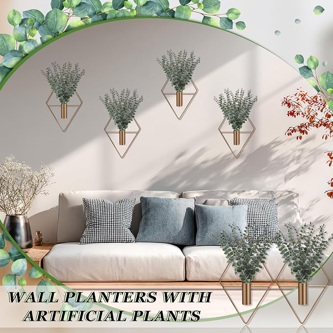 Jexine 4 Pcs Hanging Planters with Artificial Eucalyptus Metal Hanging Vase Indoor Plants Holder Modern Geometric Boho Bathroom Wall Decor for Living Room Home Office (Eucalyptus,Bronze)