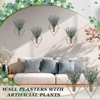 Jexine 4 Pcs Hanging Planters with Artificial Eucalyptus Metal Hanging Vase Indoor Plants Holder Modern Geometric Boho Bathroom Wall Decor for Living Room Home Office (Eucalyptus,Bronze)
