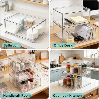 Prsildan Acrylic Makeup Organizer, 2 Pack Stackable Clear Storage Drawers for Baby Bottles Desk Organizers with 2 Drawers for Countertop Vanity Nursery Modular System for Cosmetics Jewelry