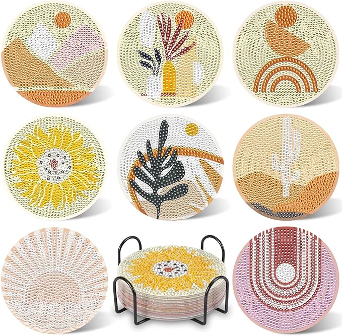 UPINS 8Pcs Boho Diamond Art Painting Coasters for Drinks DIY Coaster Diamond Art Kits for Adults Kids Beginners Diamond Art Craft Supplies (Boho)