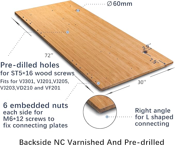VWINDESK 72 x 30 x 1 Inch 100% Solid Bamboo Desk Table Top Only,for Standing Desk Home Office Desk with 60mm grommets(Right Angle)