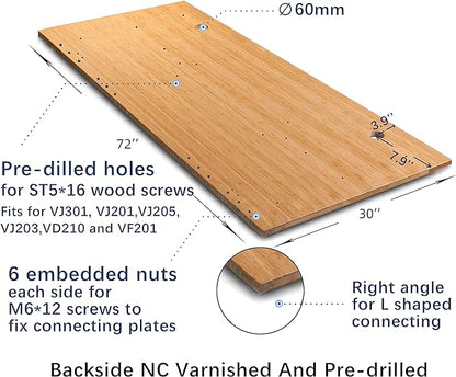 VWINDESK 72 x 30 x 1 Inch 100% Solid Bamboo Desk Table Top Only,for Standing Desk Home Office Desk with 60mm grommets(Right Angle)