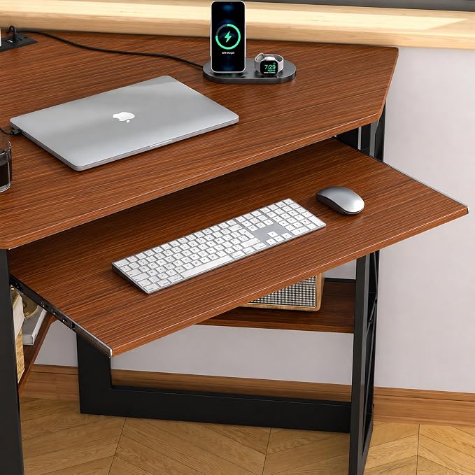 VECELO Corner Desk, Triangle Computer Desk for Small Space with Charging Station and Keyboard Tray, Corner Makeup Table with Storage Shelves for Home Office Bedroom, 41x30, Teak Brown