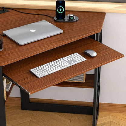 VECELO Corner Desk, Triangle Computer Desk for Small Space with Charging Station and Keyboard Tray, Corner Makeup Table with Storage Shelves for Home Office Bedroom, 41x30, Teak Brown