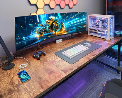 Coleshome 71 Inch Computer Desk with USB Ports, Large Office Desk, Long Study Student Writing Desk, Rustic Brown | Extra-long workspace • Fits dual monitors • Stable steel frame • Spacious legroom • Home office & gaming