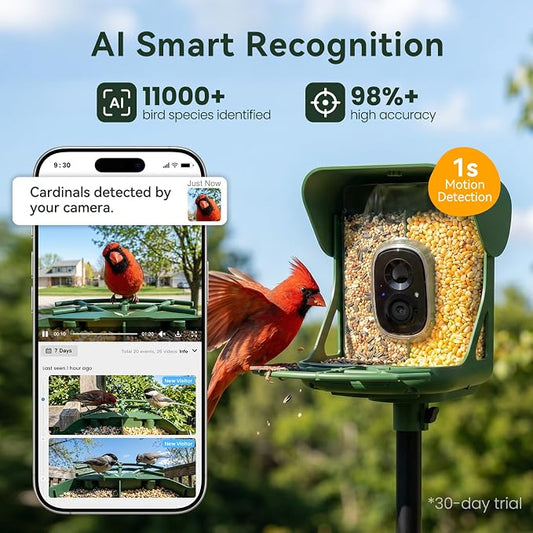 Smart Bird Feeder with Camera, AI Identify Birds Species, 2K HD Color Night Vision, IP65 Waterproof Solar Powered Bird Feeder with 142° Wide Angle, Auto Capture & Real-Time Notifications, Ideal Gift