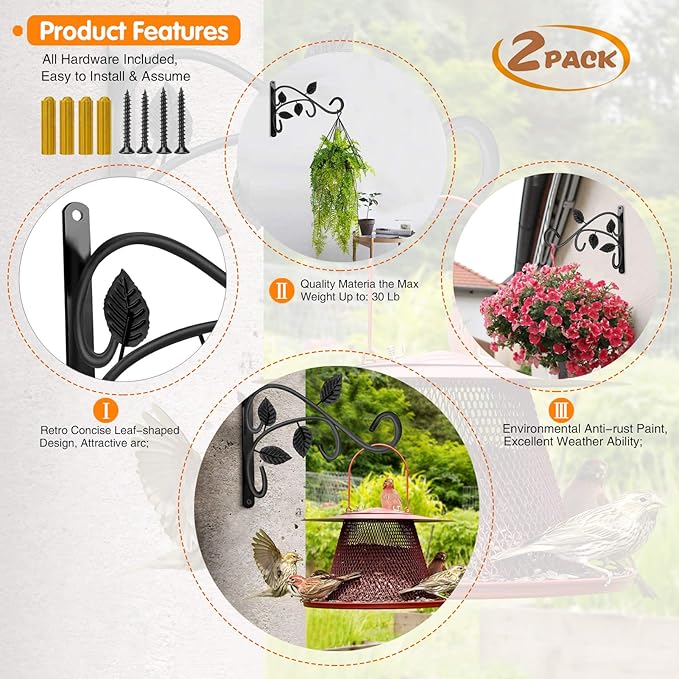 4 PCS Metal Hanging Hook Plants Brackets, 12 Inch Iron Wall Mount Bracket Durable Rust-Resistant Plant Hanger Hook for Hanging Plants Bird Feeder Lantern Wind Chimes