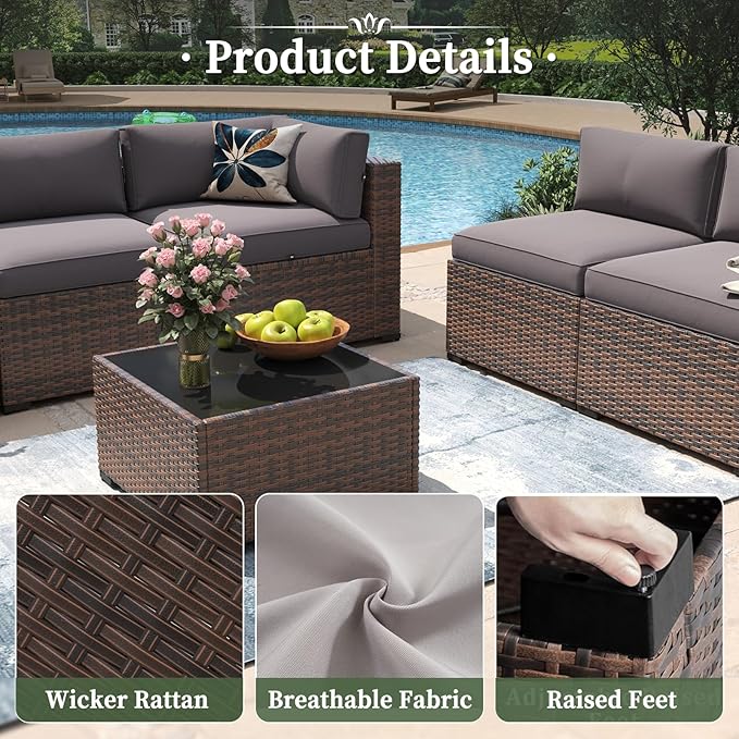 Aoxun 7 Piece Patio Furniture Set Wicker Rattan Patio Conversation Set Outdoor Sectional Sofa Set with Coffee Table and Thickened Cushions, Grey(Waterproof Cover Included)