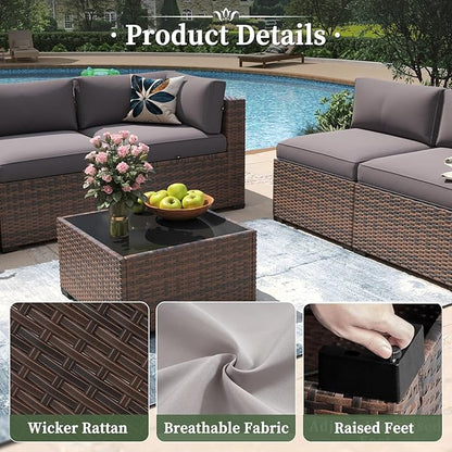 Aoxun 7 Piece Patio Furniture Set Wicker Rattan Patio Conversation Set Outdoor Sectional Sofa Set with Coffee Table and Thickened Cushions, Grey(Waterproof Cover Included)