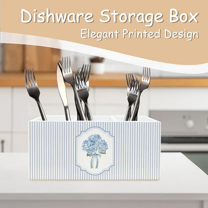 Hydrangea Pen Pencil Holder Organizer for Desk, Hydrangea Gifts, Hydrangeas Kitchen Cooking Makeup Brush Utensil Holder, Blue and White Bow Floral Wooden Box Sign for Home Office Tabletop Decor
