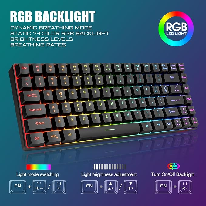 RedThunder K84 Wireless Keyboard and Mouse Combo, Rainbow Backlit Rechargeable Battery, 75% Layout TKL Ultra Compact Gaming Keyboard & Lightweight 3200 DPI Honeycomb Optical Mouse (Black)