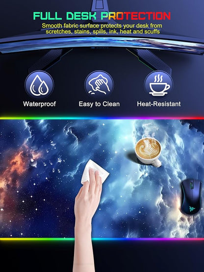 TopMade Wireless Charging Mouse Pad, RGB Gaming Mousepad, 35.4" x 15.8" Extra Large Waterproof Keyboard Desk Pad, Computer Desk Mat, Blue Nebula (Includes 20W PD Power Adapter & 6.56ft Woven Cable)