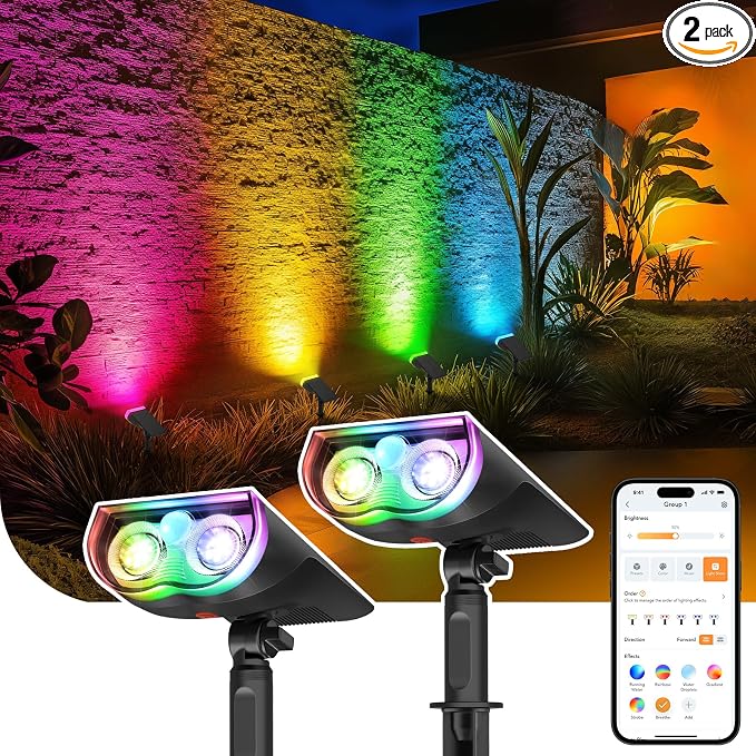 Linkind Smart Solar Lights Outdoor SL5 with Motion Sensor, APP Control Color Changing Solar Spot Lights Outdoor Waterproof, IP65 Landscape Lighting for Yard, Garden, Patio, Path(2 Pack)