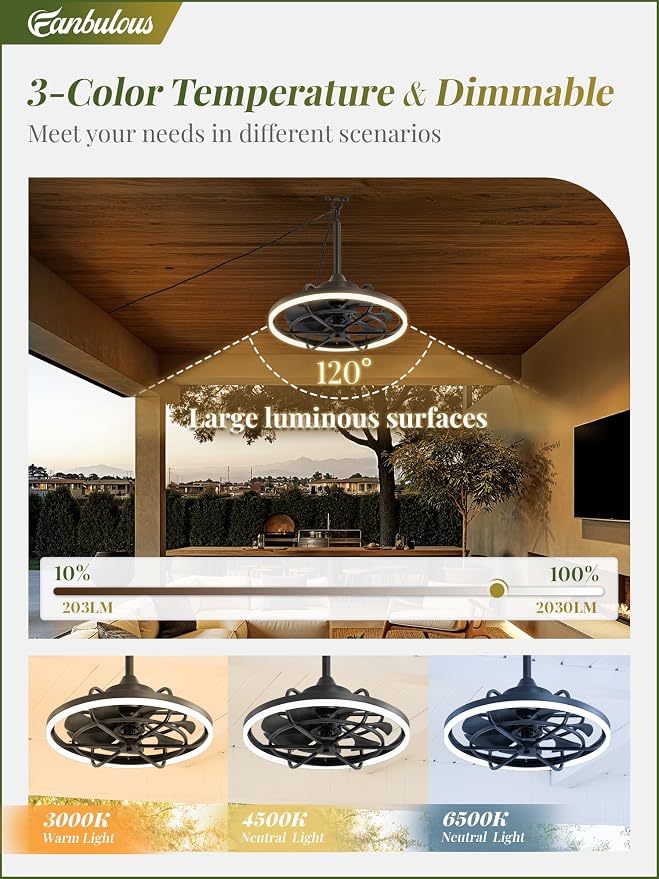 Fanbulous Outdoor Ceiling Fans with Light for Patios, 24" Weatherproof Plug in Ceiling Fan, Gazebo Fan Remote&APP Control, 3CCT Dimmable,Caged Ceiling Fan with Hanging Hook for Porch, Pergola,Canopy
