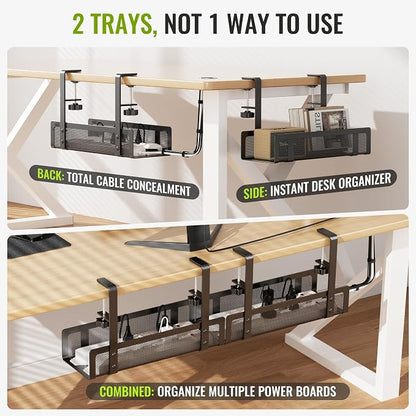[Upgraded] 2 Pack Cable Management Under Desk Tray, Xpatee 27.6" No Drill Open Slots Cable Management Tray, Cord Wire Organizer Box with Clamp for Table Thickness up to 3" - No Desk Damage(Black)