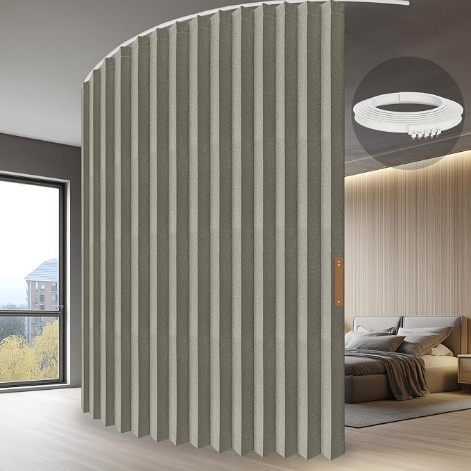 JILRON Folding Accordion Partition Divider with Ceiling Track - Hanging Room Curtain, Quick Setup(Grey 180" W x 96" L-Pack of 1)