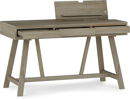 SIMPLIHOME Bowman SOLID WOOD Modern Industrial 54 Inch Wide Flip Up Desk in Distressed Grey, For the Office Desk, Writing Table, Workstation and Study Table