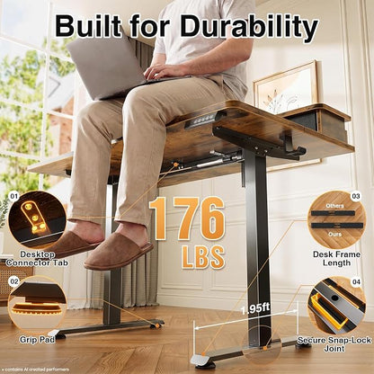 Veken 55x26 in Electric Standing Desk with Drawers, Adjustable Table, Brown | Stand up Computer Desk for Home Office, Work & Study, with Storage, 3 Memory Presets, Cable Organizer, Hook, and Quiet Lift.