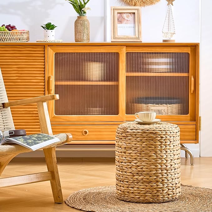 Wimarsbon Round Pouf Ottomans, Handwoven Natural Water Hyacinth Seagrass Pouffe,Outdoor Rattan Stool Accent Seat, Bohemian Coastal Home Decor (14inch Water Hyacinth Braid)