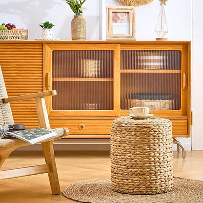 Wimarsbon Round Pouf Ottomans, Handwoven Natural Water Hyacinth Seagrass Pouffe,Outdoor Rattan Stool Accent Seat, Bohemian Coastal Home Decor (14inch Water Hyacinth Braid)