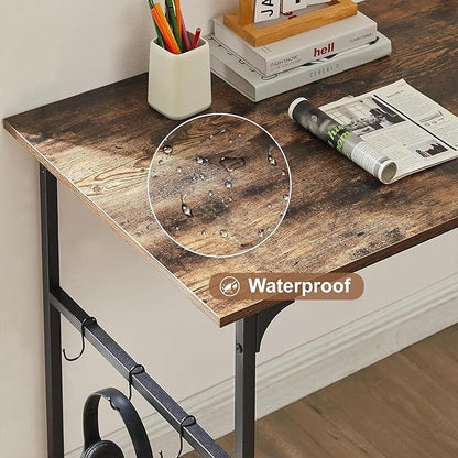 VECELO 44 Inch Computer Stable Writing Study Work 6 Hooks Adjustable Feet Wooden Desk for Home,Bedroom,Rusic Brown, 44Inches