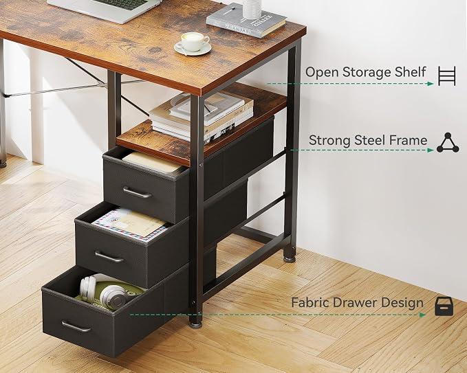 AODK 40 Inch Small Computer Desk with Fabric Drawers, Vintage | Mini Desk with Storage Shelf & Bag, Kids Study Desk for Bedroom, Home Office Desk for Small Space