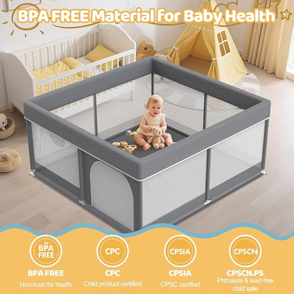Grey Baby Playpen 64"x64" - with 2 Pull Up Rings Full Cover Anti-Collision Large Playard for Babies and Toddlers Dark Gray Pack n Play Alternative Safety Play Yard Infant Activity Center