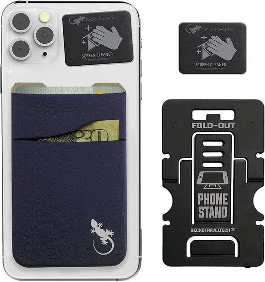 Gecko Travel Tech Double Pocket - Adhesive Card Holder - Cell Phone Pouch - Stick on Spandex Pocket - Carry Credit Cards and Cash (Navy)