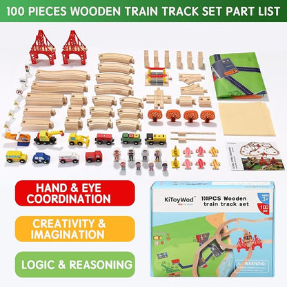 100 Pcs Wooden Train Track Set, Toy Train with Tracks for Kids Ages 3-10, Compatible with Major Brands, Railway Playset for Boys and Girls Birthday Gift