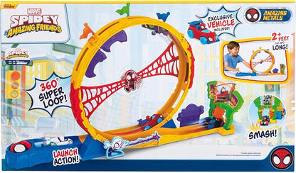 Marvel Spidey and His Amazing Friends Amazing Metals Super Loop Track Set - 28-Inch Race Track with Launcher, 360 Degree Super Loop, and Exclusive Amazing Metals Vehicle