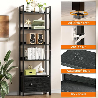 Furologee 6-Tier Bookshelf, Tall Bookcase with 2 Drawers Storage Organizer, Industrial Display Free Standing Shelf Units, Wood and Metal Storage Rack for Home Office, Bedroom, Black Oak