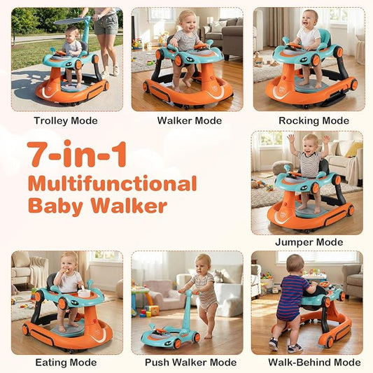 BABY JOY 7-in-1 Baby Walker, Foldable Baby Walker and Bouncer Combo with Handle, Adjustable Height & Speed, Music, Lights, Rocker/Push Mode, Baby Walker with Wheels for Boys Girls 7-18 Months (Orange)