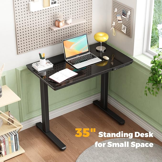 35" Electric Standing Desk with Drawer, One-Piece Glass Top | Quick Install One-Piece Tabletop with USB Charging Ports, Sit Stand Computer Desk with Wheels for Small Space, Black