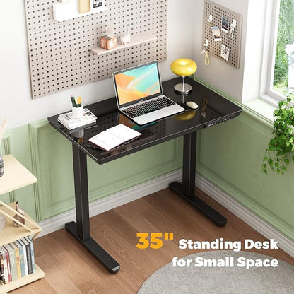 35" Electric Standing Desk with Drawer, One-Piece Glass Top | Quick Install One-Piece Tabletop with USB Charging Ports, Sit Stand Computer Desk with Wheels for Small Space, Black