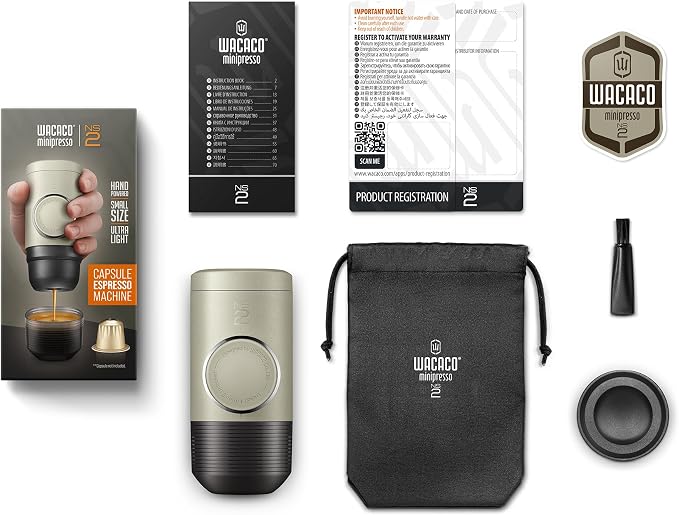WACACO Minipresso NS2, Portable Espresso Machine, Compatible Original NS Capsules, Travel Coffee Maker, Manually Operated from Piston Action (Stone Beige)