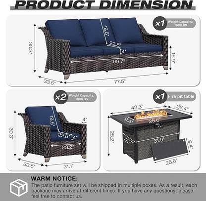 Joyside Wicker Patio Furniture Sets, 4 Pieces Upgraded Large Size Outdoor Furniture with Patio Dining Chair, 3-Seat Sofa, Fire Table,Thick Cushions, Wide Armrest, Blue