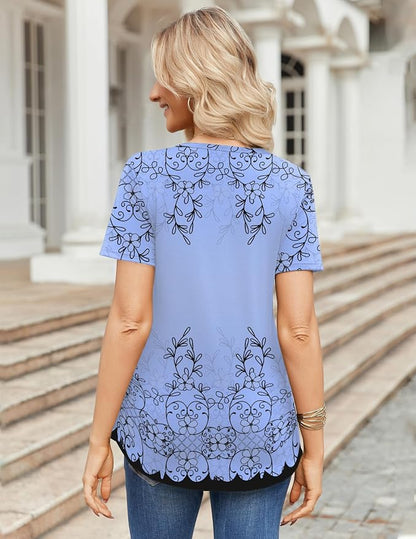 Zeagoo Womens Short Sleeve Tops Summer Henley V-Neck Tshirts Casual Pleated Blouse Dressy Loose Floral Basic Tee