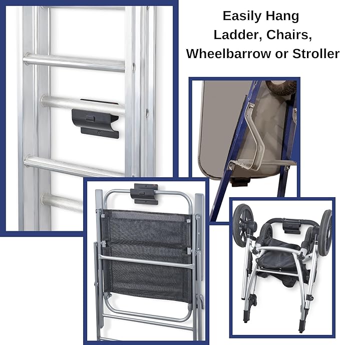 Ladder Hanger set of 2 For Garage Wall - Black Heavy Duty Utility Hook For Wall Mount Ladder Storage. Versatile Tool Holder To Maximize Space In Shed, Workshop, Garden, Hang Wheelbarrow, Folding Chair
