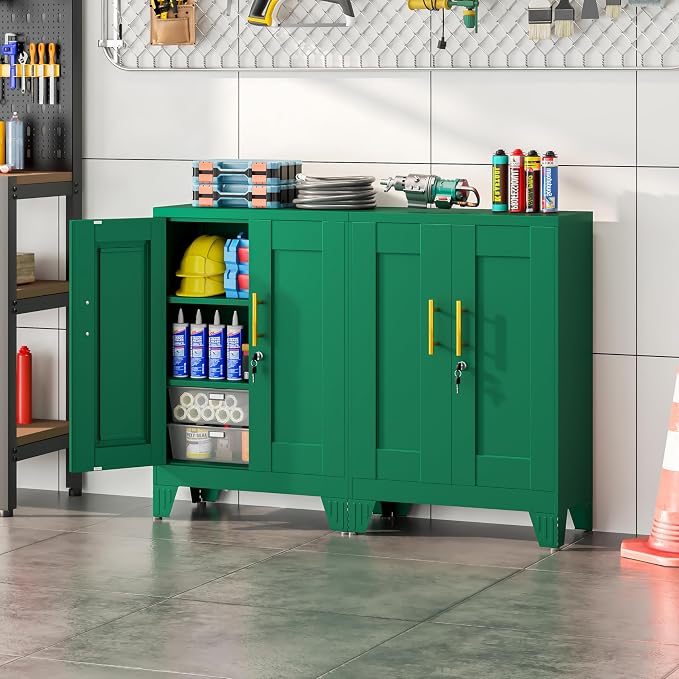 winiowa Tall Metal Storage Cabinet with Lock, Locking File Cabinet with 2 Doors and 2 Adjustable Shelves, Green Lockable Organizer for Home Office Garage（23.6" W）