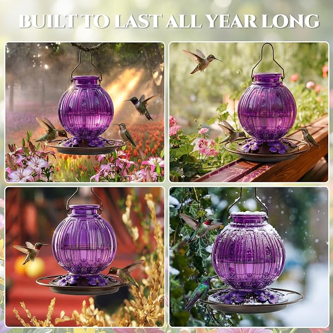 Glass Hummingbird Feeder for Outdoors Hanging, Bird Nectar Feeder with Perch & 5 Flower Feeding Ports, 26 Oz Leak Proof for Outside Garden Decor Backyard, Gifts for Women Mom, Purple