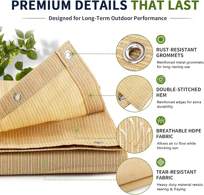 90% Outdoor Sun Shade Cloth, 8’ x 20’, Pergola, Deck, and Backyard Patio Sunshade with UV Protection, Heat Resistant HDPE Material, Reinforced Grommets (8x20 FT,Wheat)
