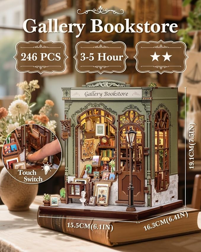 CUTEBEE Book Nook Kit - DIY Miniature House Dollhouse Kit for Adults, Booknook Library Bookstore Tiny House Bookshelf Decor 3D Wooden Puzzle, Gifts for Family and Friends (Gallery Bookstore)