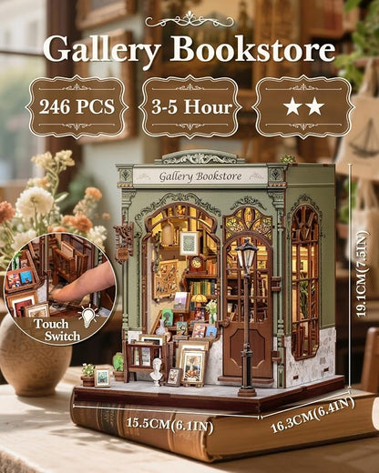 CUTEBEE Book Nook Kit - DIY Miniature House Dollhouse Kit for Adults, Booknook Library Bookstore Tiny House Bookshelf Decor 3D Wooden Puzzle, Gifts for Family and Friends (Gallery Bookstore)
