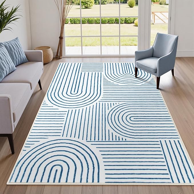 Lahome Abstract Washable Area Rugs 5x7, Soft Blue Rugs for Living Room Ultra-Thin Non-Shedding Bedroom Rug, Modern Throw Rug Large Carpet for Dining Room Classroom Office Darrell(5'x7',Blue/White)