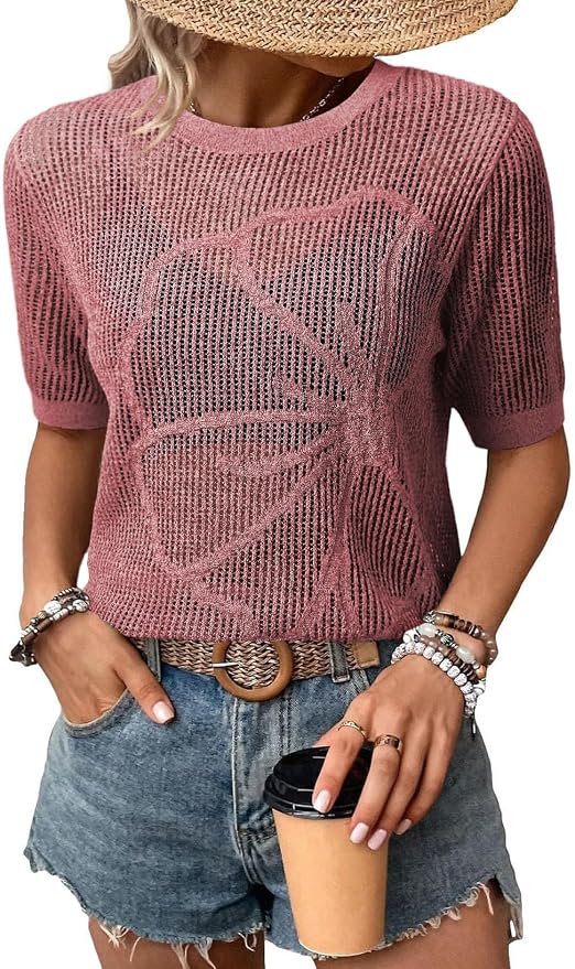 Dokotoo Womens Summer Short Sleeve Crochet Tops Hollow Out Floral Sweaters Beach Vacation Cruise Outfits