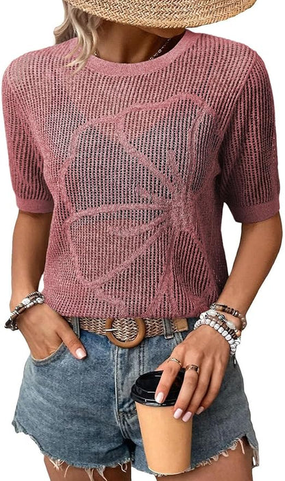 Dokotoo Womens Summer Short Sleeve Crochet Tops Hollow Out Floral Sweaters Beach Vacation Cruise Outfits