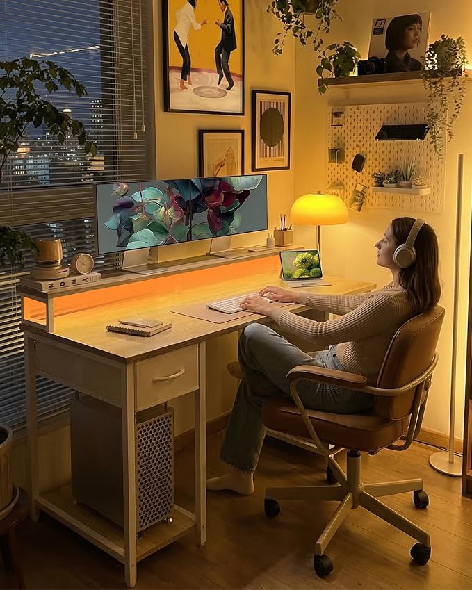 TIQLAB Computer Desk with 4 Drawers, 47 Inch Gaming Desk with LED Lights & Power Outlets, Home Office Desk with Monitor Stand, Study Writing Work Desk for Bedroom, Maple