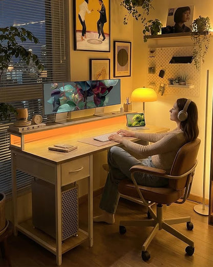 TIQLAB Computer Desk with 4 Drawers, 47 Inch Gaming Desk with LED Lights & Power Outlets, Home Office Desk with Monitor Stand, Study Writing Work Desk for Bedroom, Maple