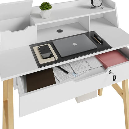 Roma Writing Desk - Elegant Wood Study Desk With Storage, Cable Holes & Drawers - Work Table for Home, Office, Dorm, Small Spaces - Compact Black Desk, 40x19x36.9” (white)